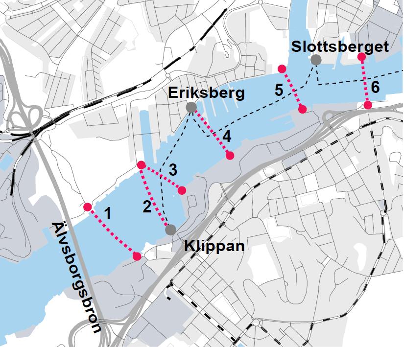 5.1 Majorna och Norra Älvstranden I de västra delarna av Älvrummet, mellan Älvsborgsbron och Masthuggskajen förekommer fortfarande sjöfart med fartyg som kräver 45 meters segelfri höjd för att