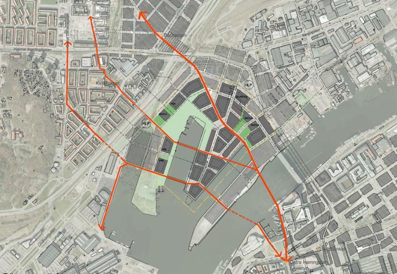 Tänkbara kopplingar mellan Frihamnen och stadskärnan framtagen i samband med planeringen av utbyggnaden av Frihamnen. 11.