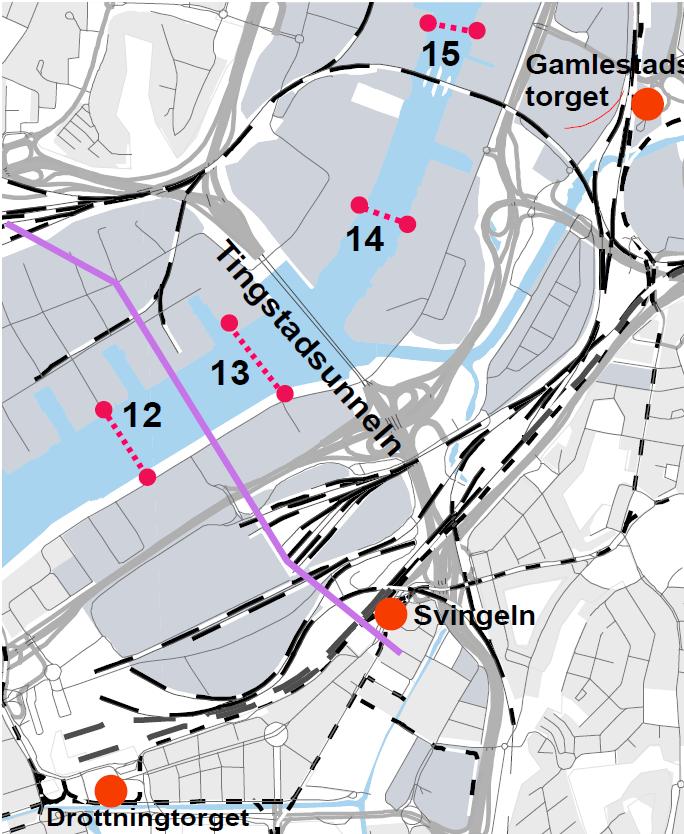 Föreslagna förbindelser från vänster: Gullbergskajen Ringökajen (12), Gasverkskajen Lergodsgatan (13), Marieholm Salsmästaregatan (14), Tingstadsvägen - Slakthusgatan (15). 12.