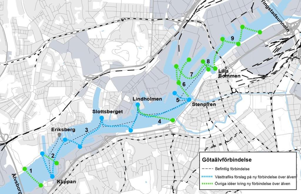 5.4 Utveckling av färjetrafiken För älvtrafiken finns det finns idéer om att flytta ut färjelägena längre ut på pirerna vid Eriksberg och Lindholmspiren vilket skulle ge en tidsbesparing.