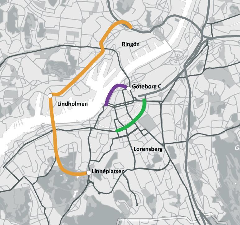 Nya spårvägssträckor som staten kan vara med och medfinansiera. Det finns inga beslut fattade om att bygga Lindholmsförbindelsen.