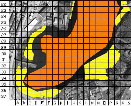 Figur 11. Utdrag från sedimentprovtagning i Munksjön och Rocksjön, Geonova, 2010-09-20. Gula områden representerar erosionsbottnar, svarta områden transportbottnar och orange s.k. depositionsbottnar.
