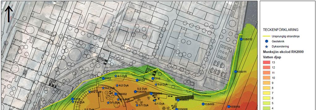 Figur 12. Planen anger utförda geotekniska sonderingspunkter, dels genom sticksondering med dykare (Dyk) och dels genom geotekniska undersökningar med borrbandvagn från flotte 2013 och 2015.