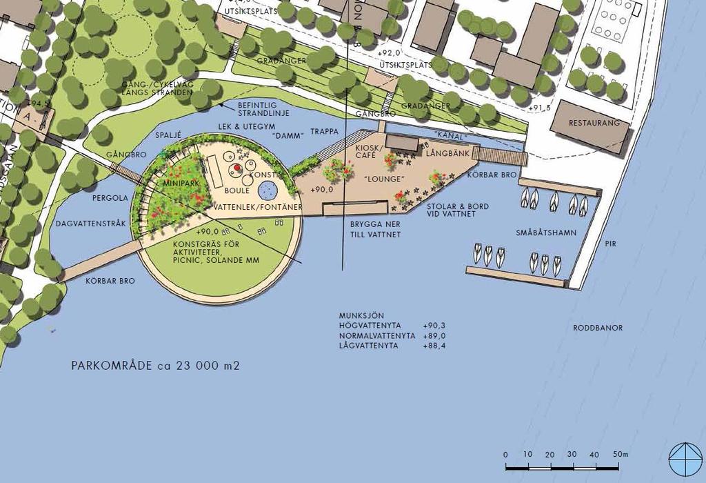Figur 1. Idéskiss flytande park i Munksjön. De planerade åtgärderna utgör tillståndspliktiga vattenverksamheter. 1.2 Uppdrag Sweco Environment har av Tolust Holding ETT AB fått i uppdrag att upprätta en miljökonsekvensbeskrivning och teknisk beskrivning som ska ingå i ansökan om tillstånd enligt 11 kap.