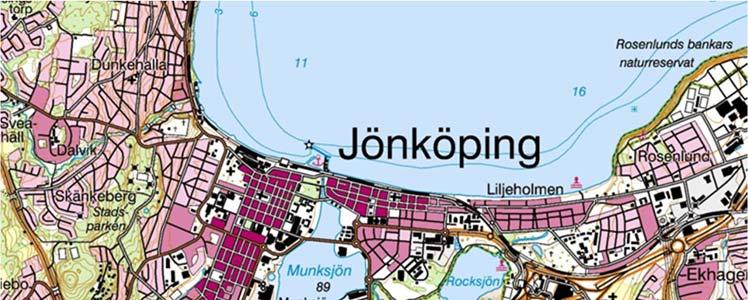 Figur 2. Vy över centrala Jönköping. Området som omfattas av tillståndsansökan markeras med en röd ring.