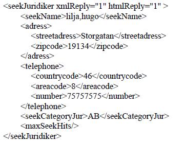 Följande exempel visar hur <seekjuridiker> kan se ut: <seekfysiker> innehåller följande element