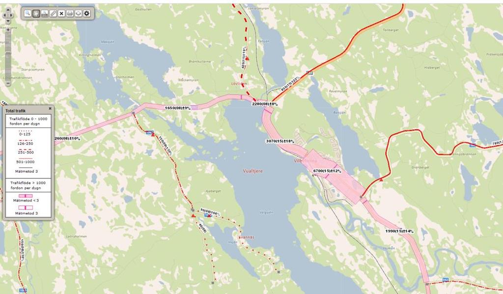 3 Fördjupade bedömningar 3.1 Vägtrafik Vägtrafik bedöms påverka miljökvalitetsnormerna NO 2, PM 10, PM 2,5 och bensen. Vägtrafiken inom Vilhelmina redovisas nedan.