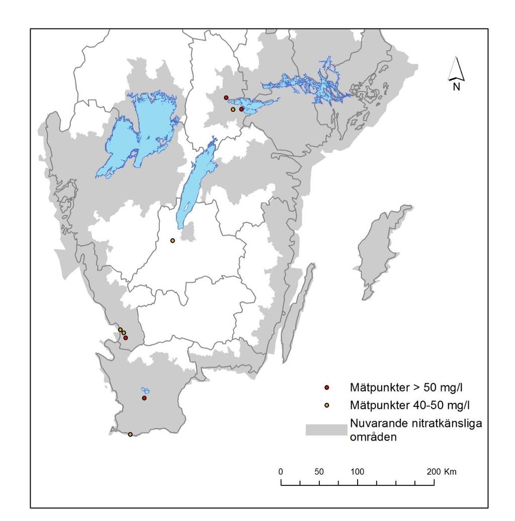 1 6 2 7 11 8 9 3 12 13 10 4 5 Figur 8: Lokalisering av de provtagningsplatser där nitrathalter överskridit 40 mg l -1.