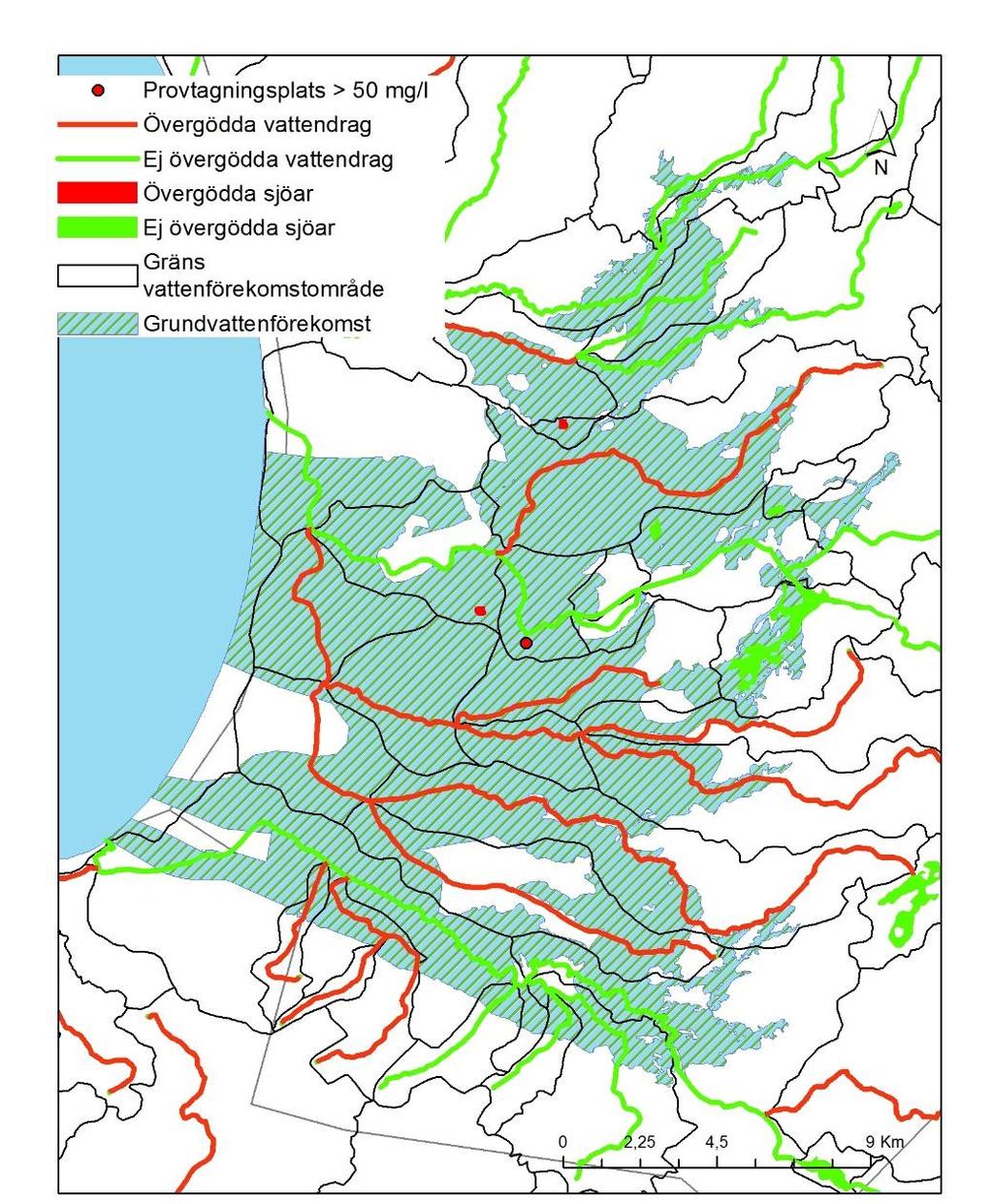 Provtagningspunkt 3 Figur B3:4: Grundvattenförekomstområde för provtagningspunkt 3. Hela området ligger inom det nuvarande känsliga området.