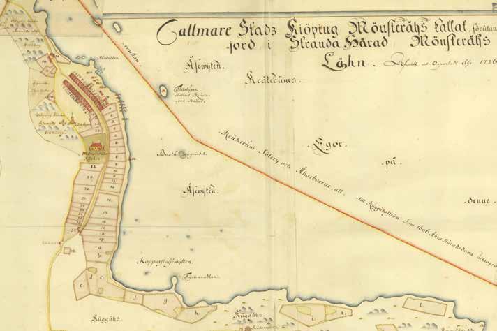 7 1726 års karta över Mönsterås köping mellan husen. I början av 1800-talet fanns inte mycket kvar av jötorgets öppna torgyta. Också andtorget togs i anspråk, men i mindre omfattning.