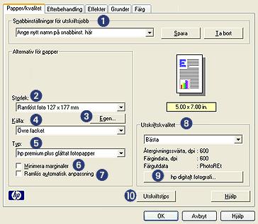 fliken Papper/kvalitet På fliken Papper/kvalitet kan du ställa in de här alternativen: 1. Snabbinställningar för utskriftsjobb: Se snabbinställningar för utskriftsjobb. 2.