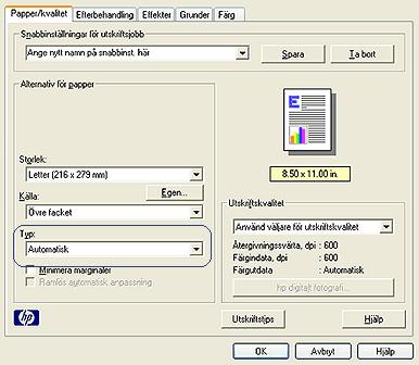 välja en papperstyp Med skrivarprogrammet kan du välja papperstyp på följande sätt: använd den automatiska pappersavkännaren välj en papperstyp använda den automatiska pappersavkännaren Den
