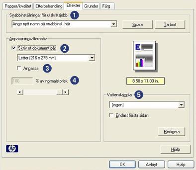 fliken Effekter På fliken Effekter kan du ställa in följande alternativ: 1. Snabbinställningar för utskriftsjobb: Se snabbinställningar för utskriftsjobb. 2.