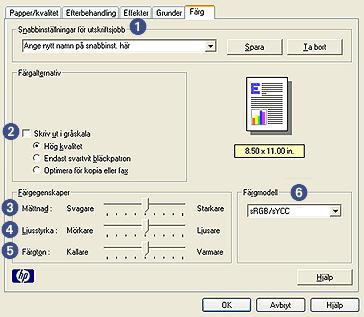 fliken Färg På fliken Färg kan du ställa in de här alternativen: 1. Snabbinställningar för utskriftsjobb: Se snabbinställningar för utskriftsjobb. 2.