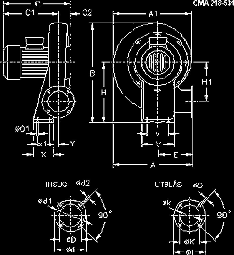 Radialfläkt Medeltryck CMA Axialfläktar Ventilation A A1 B C C1 C2 D DE D1 D2 E H H1 I K KA O O1 V VE X X1 Y CMA-218 241 236 288 232 200 32 80 113 95 M,5 110 170 115 90 54 76 5,5 7 140 100 80 50 20