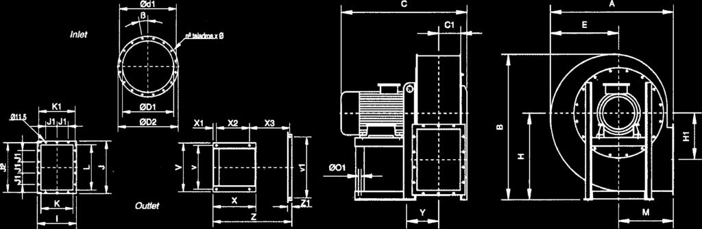 Högtrycksfläktar CAS Mått för CAS-242 till CAS-971 (mm) Ventilation Axialfläktar A B C C1 C2 ØD1* Ød1 Ød2 E H H1 I J J1 K k1 k2 L ØO ØO1 V v X x1 Y CAS-242-2T-0,33 576 662 282 219 33 100 130 M.