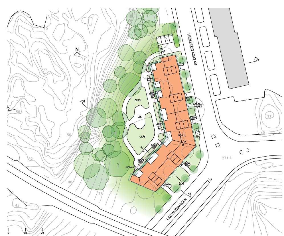 5 (9) Ny bebyggelse Situationsplan av arkitekterna Engstrand &Speek På planområdet avses det att byggas ett flerbostadshus med ca 55 st bostäder.