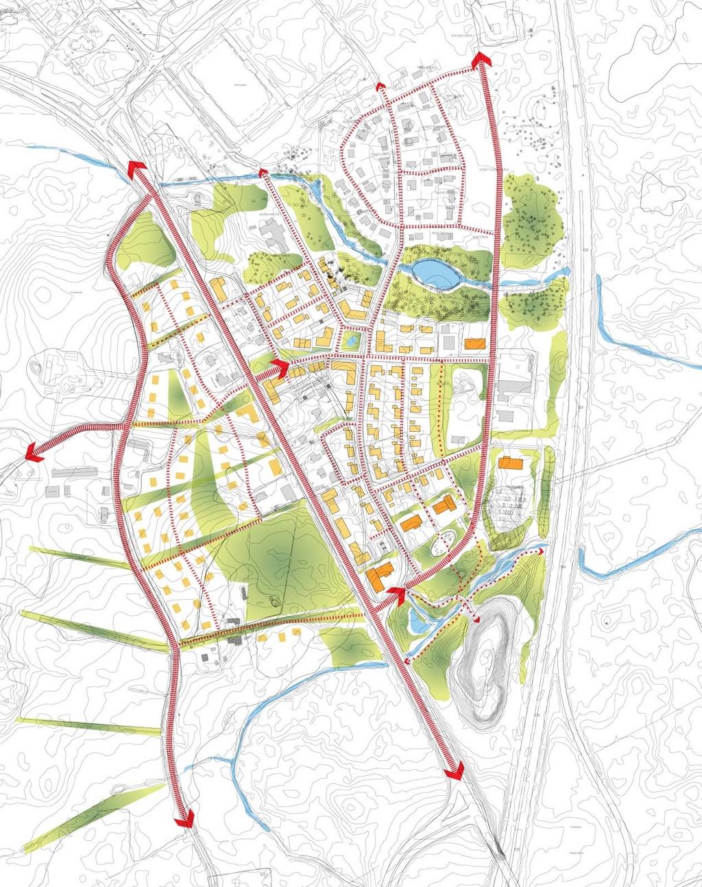 1236) Skiss - framtia utveckling västerut viare lanering krävs, skissen är basera å ett älre bebyggelseförslag för Fjölebro, Nyréns arkitekter)