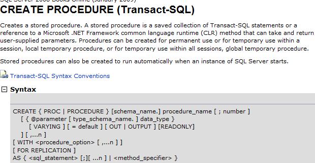 Var finns info om lagrade procedurer MSSQL se länken som leder till Books OnLine: SQL