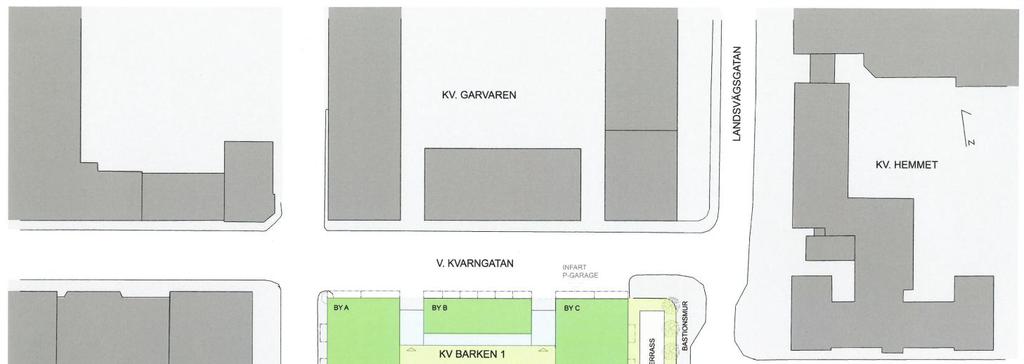 Figur 2. Situationsplan för Kv. Barken 1. 4 UNDERLAG Beräkningarna har gjorts utifrån följande underlag: Situationsplan kv. Barken 1: illustrationsplan Barken 1_170301.pdf; GK_Barken_1.