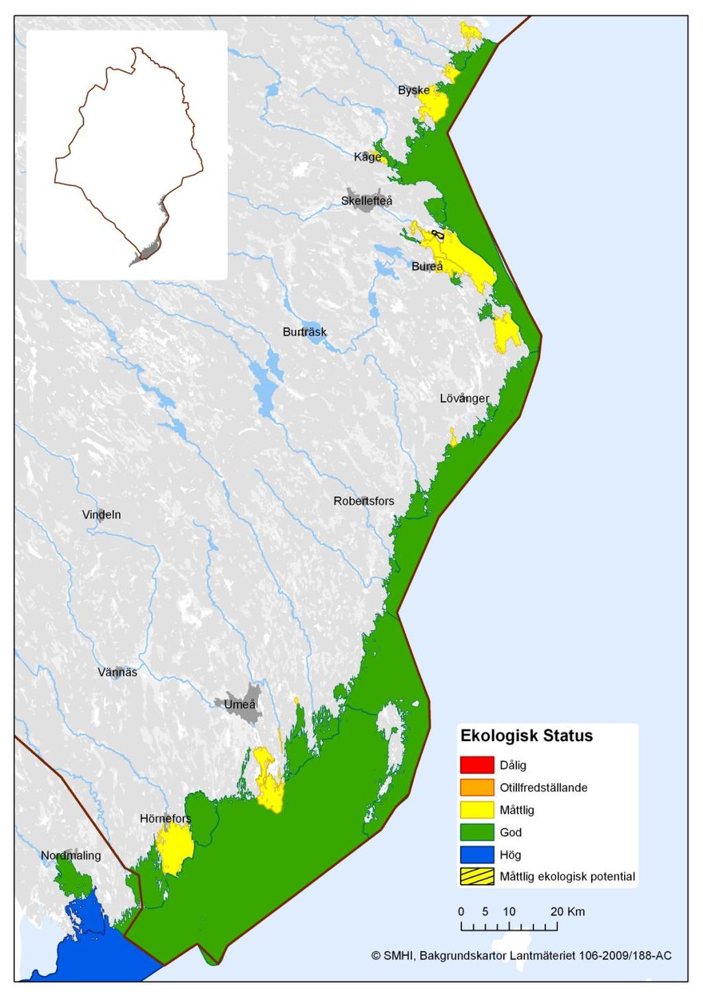 Ekologisk status Sammanvägning av: - Biologiska variabler: Växtplankton, bottenfauna och makrovegetation - Fysikaliskt kemiska variabler: Allmänna förhållanden,