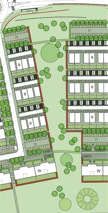 Gröna kilar-planteringar och material Trädplanteringarna i de gröna kilarna har en annan karaktär än i enklaverna. De kan med fördel vara flerstammiga och friväxande träd av varierande sort.