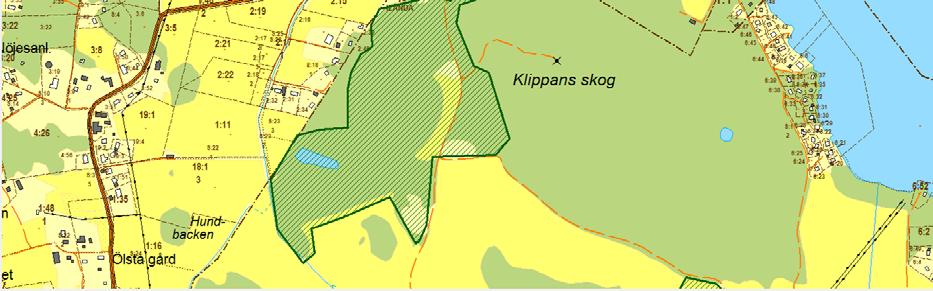I den mer höglänta norra delen av området finns ett skogsområde med uppvuxna ekar. Den höglänta södra delen av området är beväxt med en blandning av barr- och lövskog.