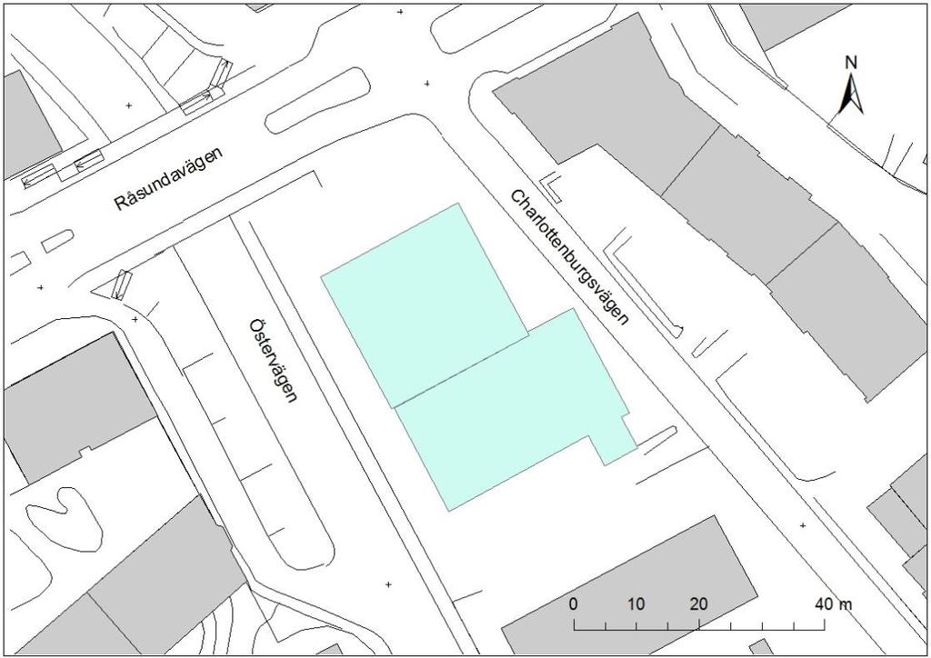 Figur 3. Planområdet med den nuvarande bebyggelsen i planområdet ljusblått och övriga befintliga byggnader i grått.