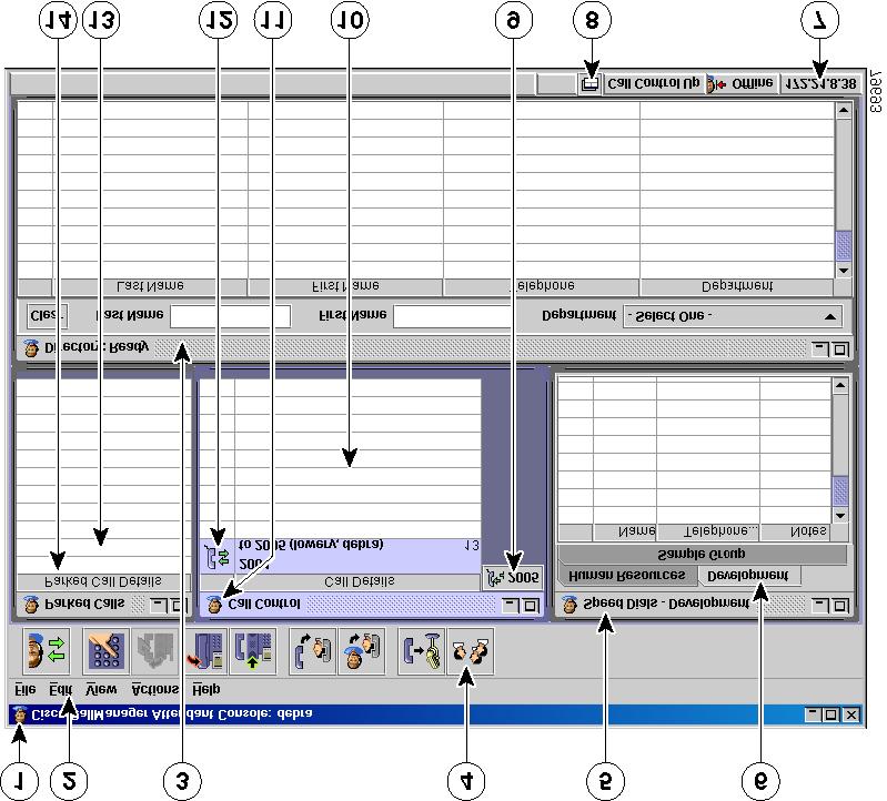 Kapitel 1 Komma igång Cisco CallManager Attendant-gränssnittet Figur 1-1 Cisco CallManager Attendant-gränssnittet 1 ) QVWUHW&LVFR&DOO0DQDJHU 8 gyhuvwlnrq $WWHQGDQW 2 0HQ\UDG 9 2SHUDW UVOLQMHNQDSS 3 )