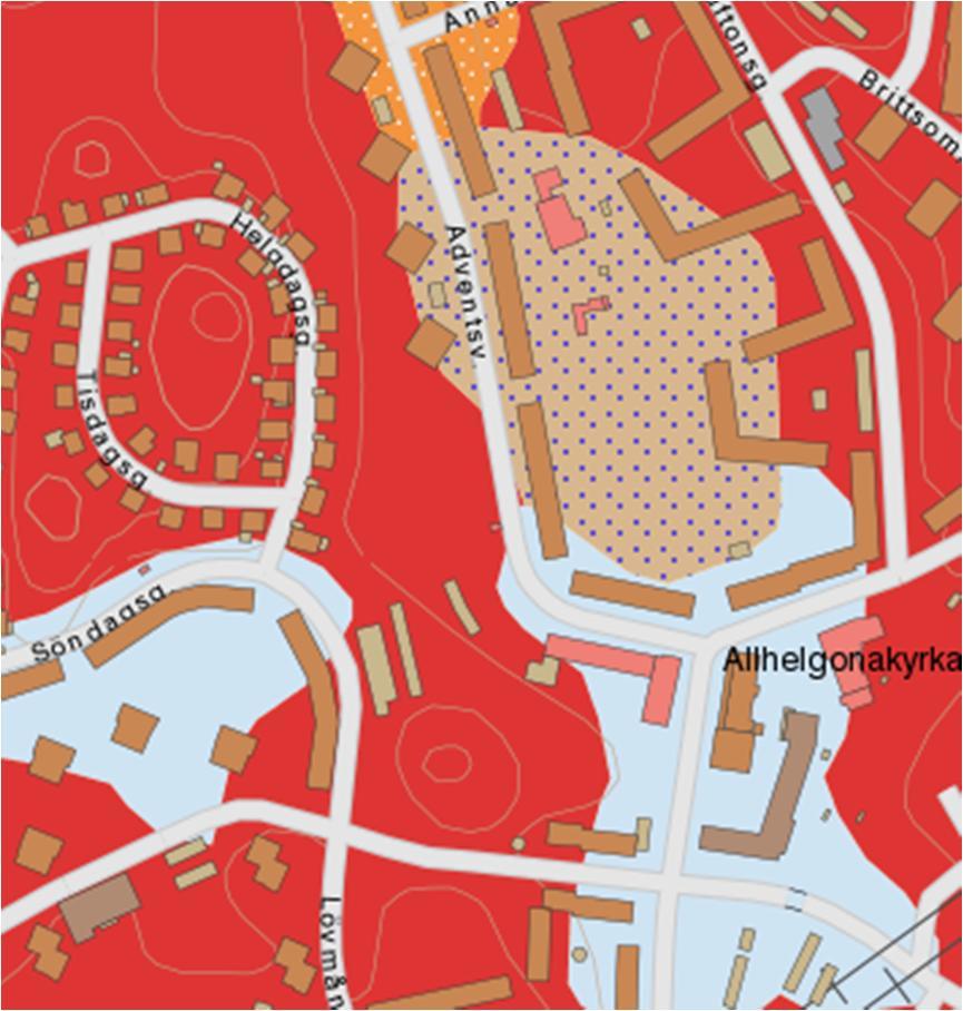 Figur 5 Jordartskarta över aktuellt område (svart markering). Rött = berg i dagen, blått = morän, beige med blå prickar = kärrtorv. Källa: SGUs kartgenerator (www.sgu.se). 3 Utförda undersökningar 3.