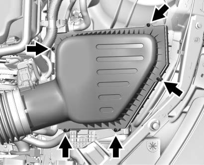 Var försiktig när du arbetar med motorn och kör inte utan luftrenaren/-filtret. 2.0L L4 LTG-motor 1. Ta bort de fyra skruvarna och lyft av höljet. 2. Inspektera eller byt ut luftrenaren/-filtret: 3.