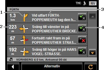 VÄGBESKRIVNING öppnas. 1 Nästa korsning där du skall svänga av. 2 Avståndet till denna korsning. 3 Köranvisning och ev. gatans namn där du skall svänga av.