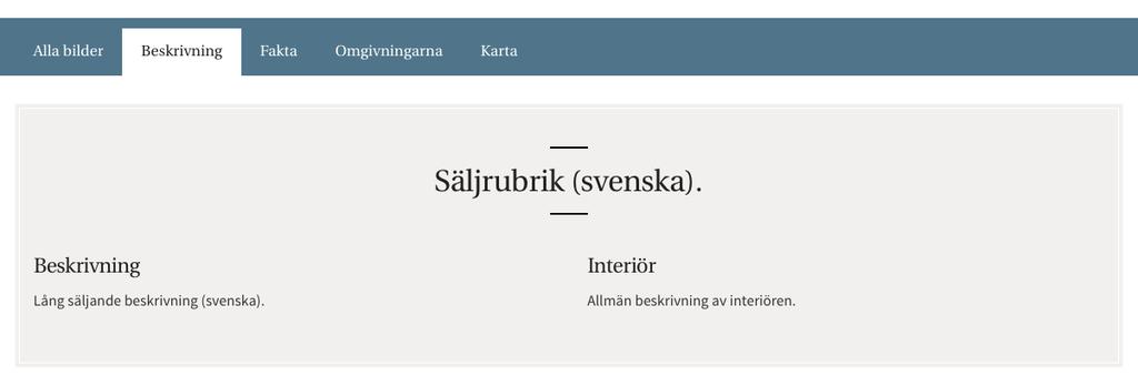 Beskrivningsfliken (forts) - Interiör Beskrivningstexten som syns här till höger hämtas från Allmän