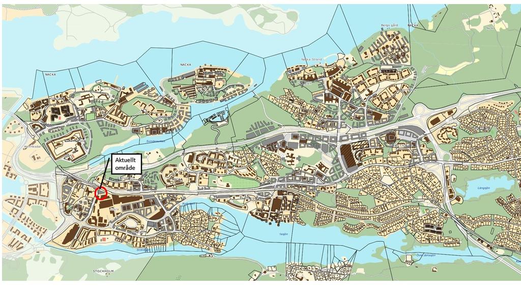 STARTPROMEMORIA 6 (13) Utdrag ur Nacka kommuns strukturplan 2016. Grå byggnader visar var ny bebyggelse är planerad. Det aktuella området för är markerat med röd ring. 3.