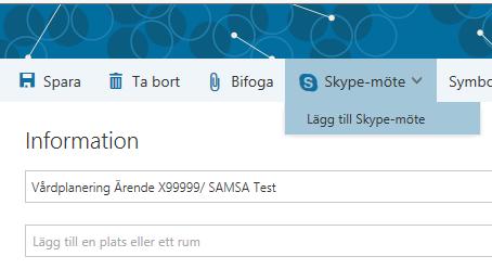 Skapa kallelse i Outlook Web App 5. Döp händelse till VPL-möte Ärendenummer i SAMSA. 6. Klicka på Skype-möte, uppgifter för videomöte skapas automatiskt i kallelsen. 7.
