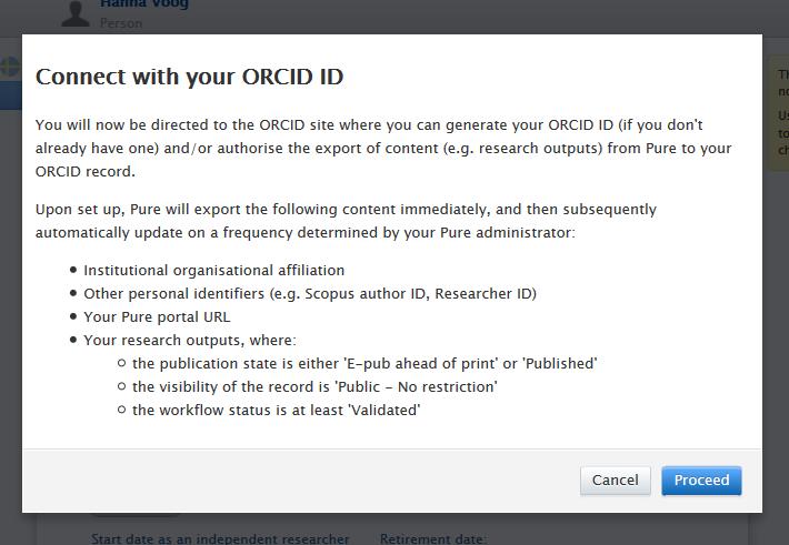 I din personliga profil har ditt ORCID-nummer nu dykt upp, under det en länk som lyder Authorise export
