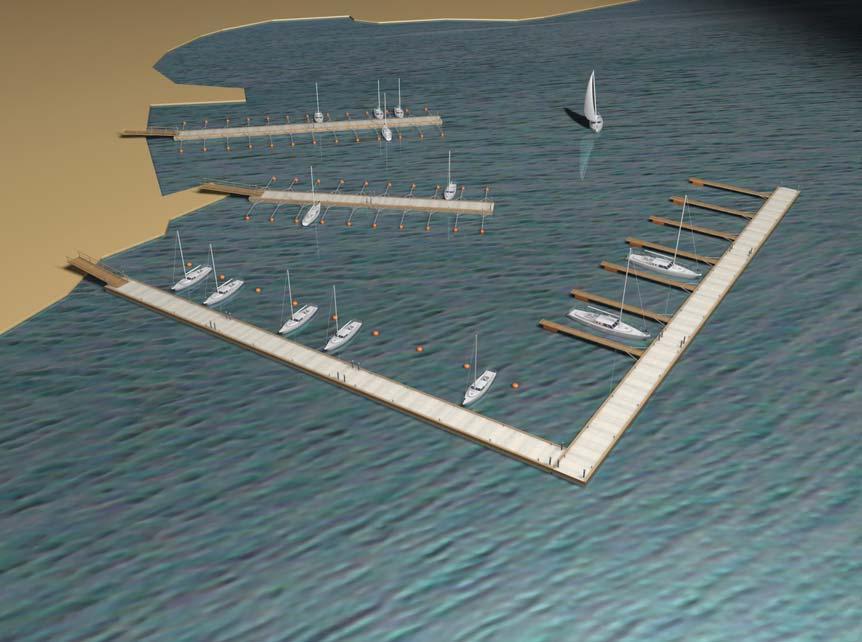 Preliminärt förslag till utformning av den östra småbåtshamnen. Utefter stranden mellan Sunds Marin och den östra småbåtshamnen finns privatägd, icke detaljplanelagd, mark.