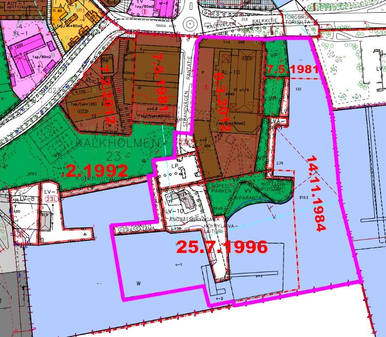 I detaljplanen anvisas kvartersområdesreserveringar för bostads-, affärs- och kontorsbyggnader (AL), parkområde (VP), båthamnsområde (LV, LVA), område för