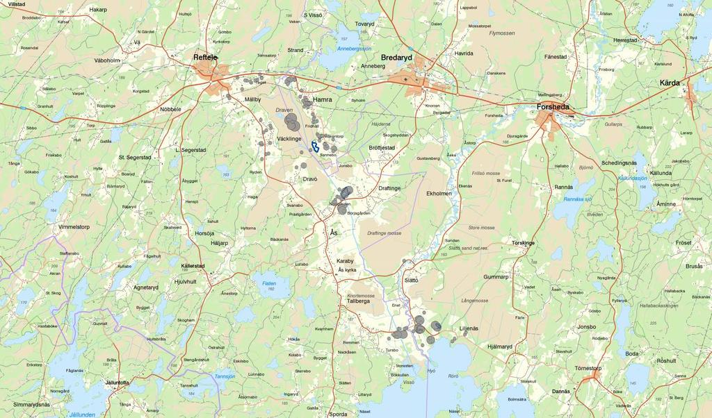 Figur 5. Grågässens geografiska fördelning i området. Punkternas storlek står i proportion till antalet observerade individer.