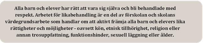 Planen omfattar även aktiva insatser för att verka för barns och elevers lika rättigheter och åtgärder för att motverka diskriminering.