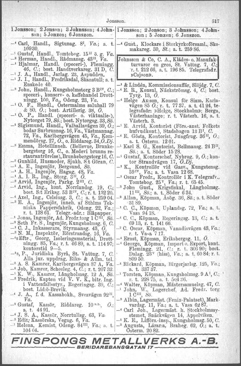 l Jonsson; 2 Jonson, 3 Johnsson; 4Johnson; -- 5 Jonzon; 6Jonszon. -' Carl, Hand!., Sigtunag. 81, Va.; a. t. 10930. ) _, Gustaf, Handl., Tomtebog. 15I1 ö. g: Va.!_ -' Herman, Handl., Rädmansg.