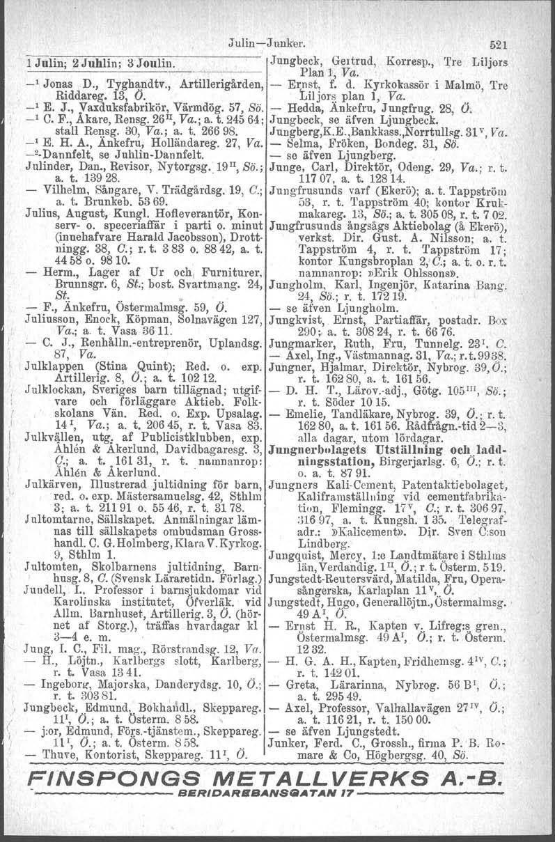 Julin -Junker. 1 Julin; 2 Juhlin; 3 Joulin.;:.:.~ ~ ~ Jungbeck, Gertrud, Korresp., Tre Plan l, Va. 521 Liljors -' Jonas D., Tyghandtv., Artillerigården, -- Er;nst, f. d.