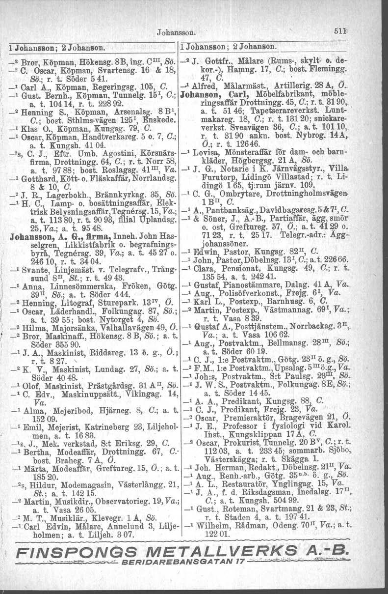 Johansson. 1 Johansson j 2 Johanson. 1 Johansson; 2 Johanson. _2 Bror, Köpman, Hökensg. 8B, ing. CIII, Sö. _2 J. Gottfr., Målare (Bums-, skylt- o. de- -' C. Oscar, Köpman, Svartensg. 16 & 18, kor.