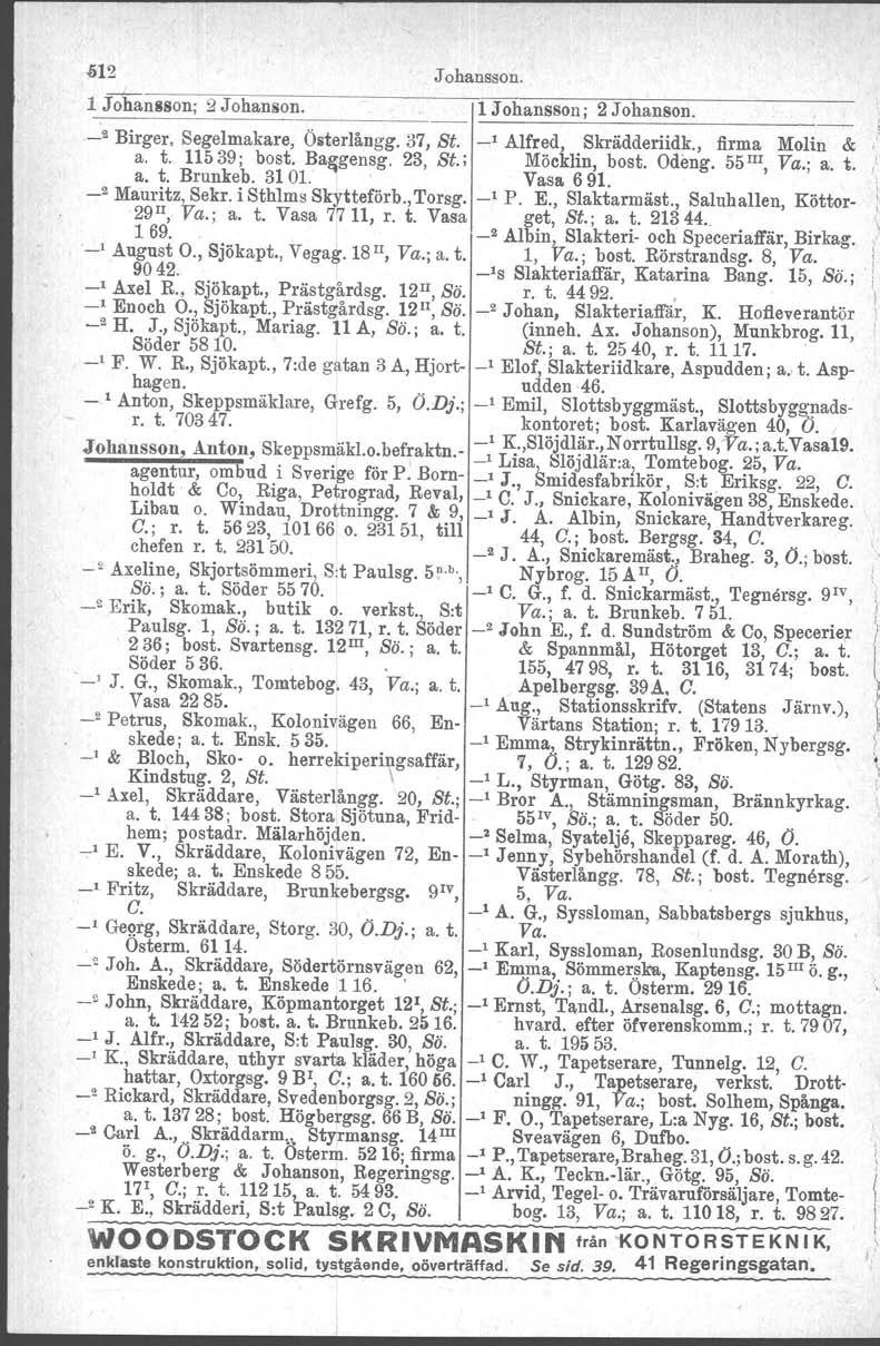 " ~12 1 Johansson; 2 Johanson. Johansson. 1 Johansson; 2 Johanson.._2 Birger, Segelmakare, Österlångg. 37, St. -' Alfred, Skrädderiidk., firma Molin & a. t. 11539; bost. Ba~gensg. 23, St.