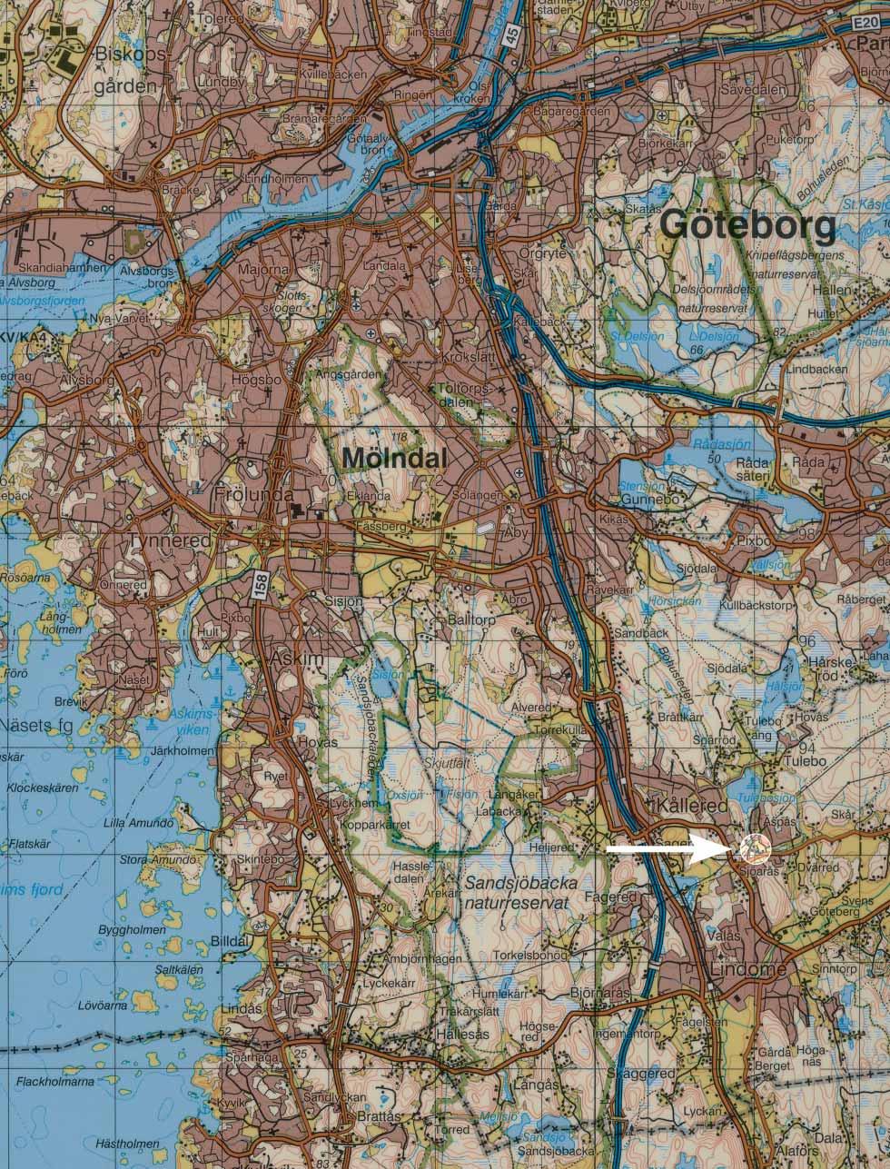Fig. 2. Utsnitt ur Blå kartan, blad 61 Göteborg, med platsen för undersökningen markerad. Skala 1:100 000.