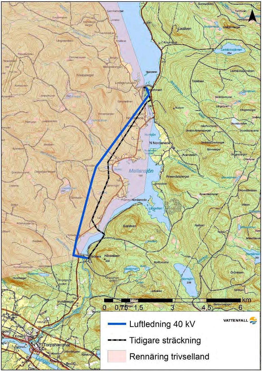 Figur 4 Intressen för rennäring i ledningens närhet Naturmiljö I områden där ledningen dras fram är det främst skogsmark där ett aktivt skogsbruk bedrivs.