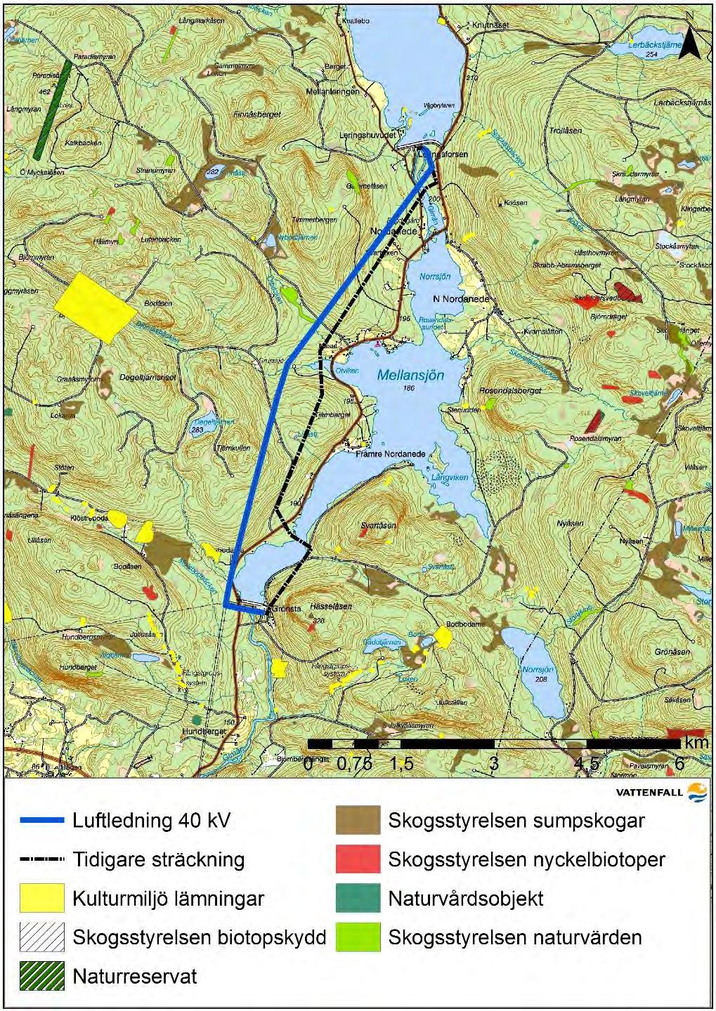 Figur 5 Höga natur- och kulturvärden i ledningens omgivning Fåglar Luftledningar kan orsaka fågelkollisioner och är vanligare för större fågelarter som t ex skogshöns och svanar.