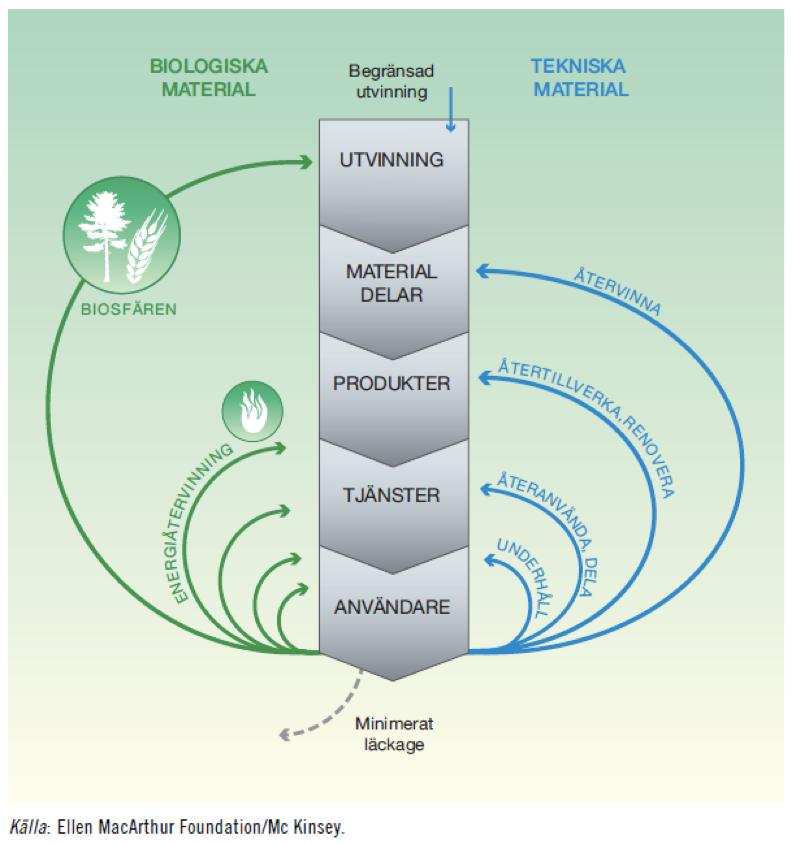 Figur 1. Övergripande beskrivning av cirkulär ekonomi. En cirkulär ekonomi är baserad på principerna att: 1) Materiella resurser kan användas mer än en gång genom systematisk cirkulation.