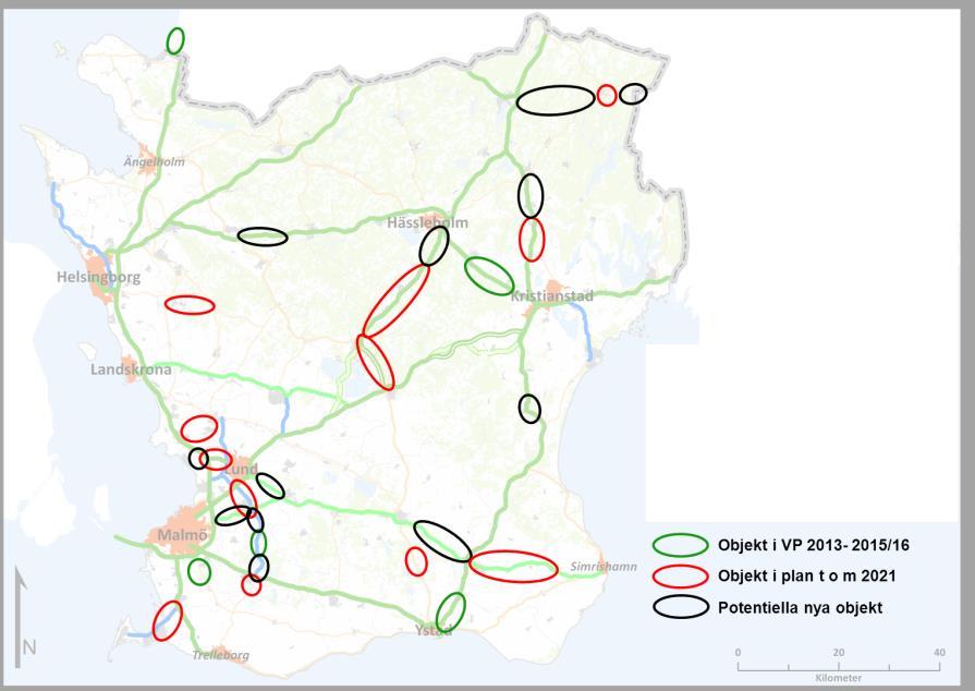 Figur: Vägobjekt som ligger för genomförande i Trafikverkets verksamhetsplan (VP) för åren 2013 2015/16 (gröna ringar), objekt som ligger inom RTI-plan 2010-2021 (röda ringar), delar av potentiellt