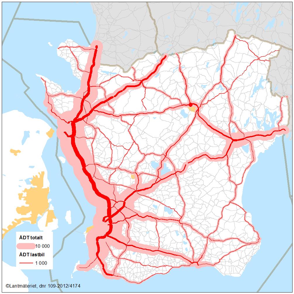 Figur: Trafikflöden på det statliga vägnätet i Skåne. Godstransporter Godstransporternas andel av trafikarbetet är ganska litet.